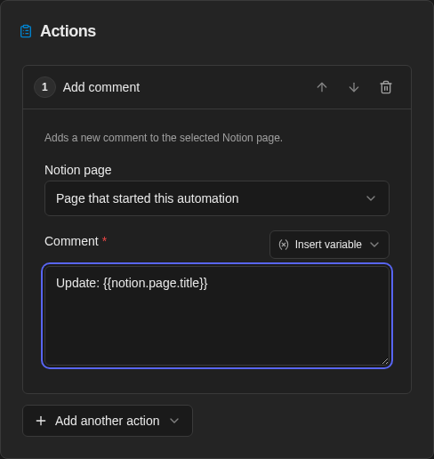 Add comment action targeting the event page with a Page title variable in the Comment field