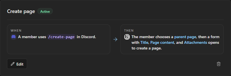 A create command with its slash command and ordered form fields.
