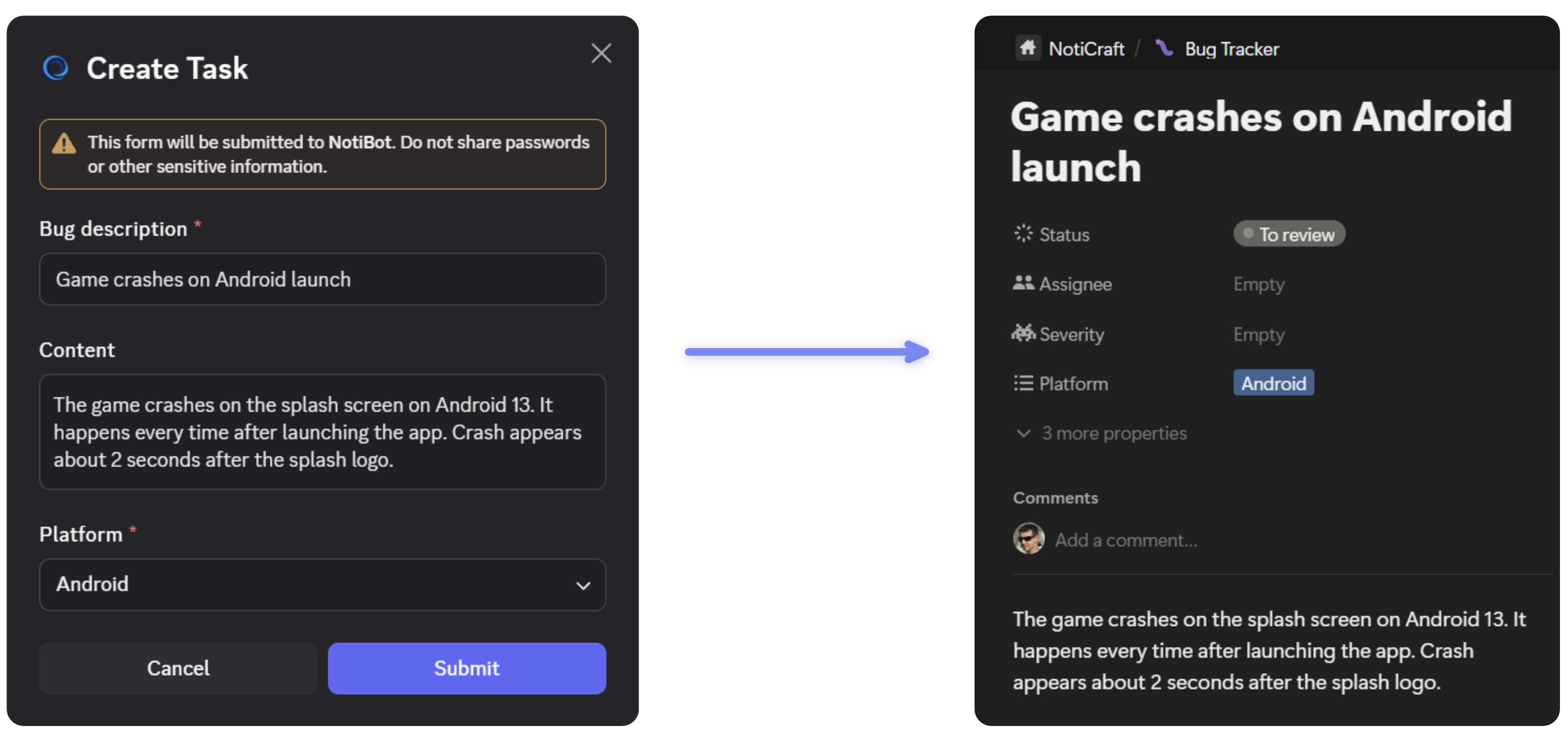 Creating a page in Discord with a custom slash command, showing the modal form and resulting Notion page