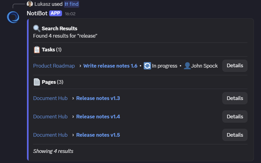 Discord /find results showing matching pages and tasks with Details buttons