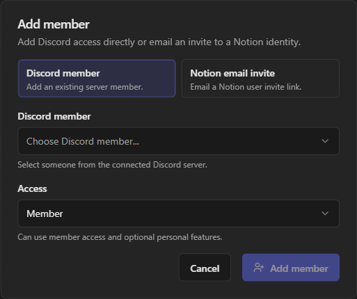 Add member dialog with Discord member and Notion email invite choices, a Discord member picker, and Member access selected