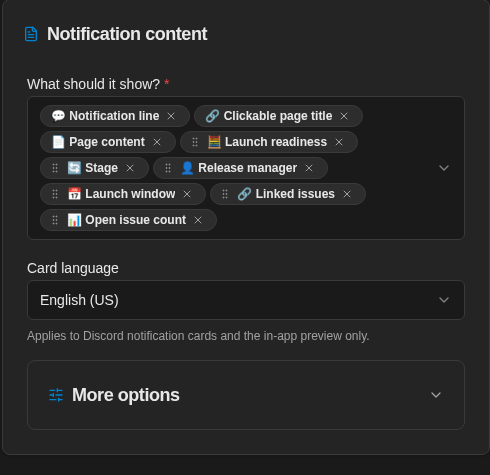 NotiCord Notification content section with selected card fields
