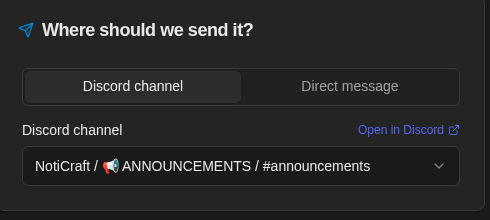 NotiCord destination section set to the announcements Discord channel