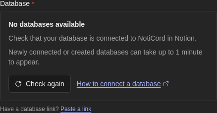 Empty database field with Check again and Paste a link