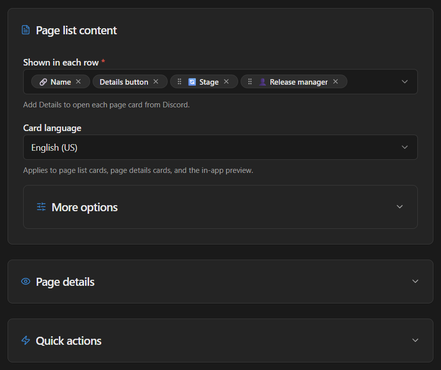 Page list content editor with row fields, Details button, and Page details and Quick actions sections