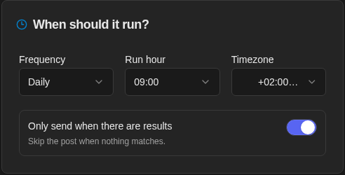 Scheduled Summary schedule set to Daily at 09:00 with empty posts skipped