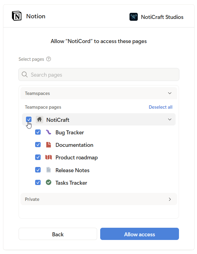 Notion database selection screen showing checkboxes to select which databases to share with NotiCord