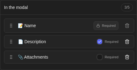 Command configuration with Name, Description and Attachments selected; Name and Description required