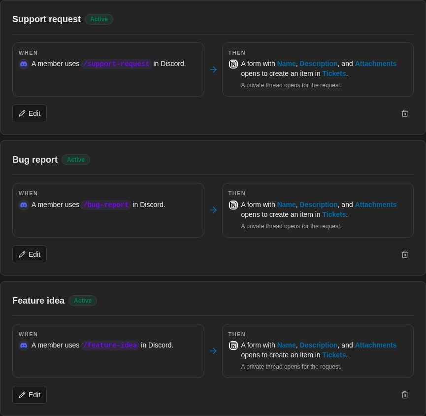 Saved Support request, Bug report and Feature idea commands create tickets and private Discord discussions