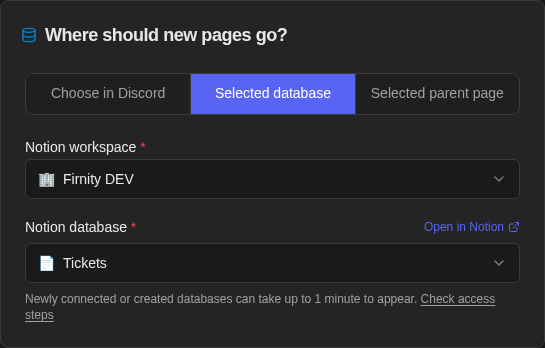 Command destination set to Selected database with Tickets selected