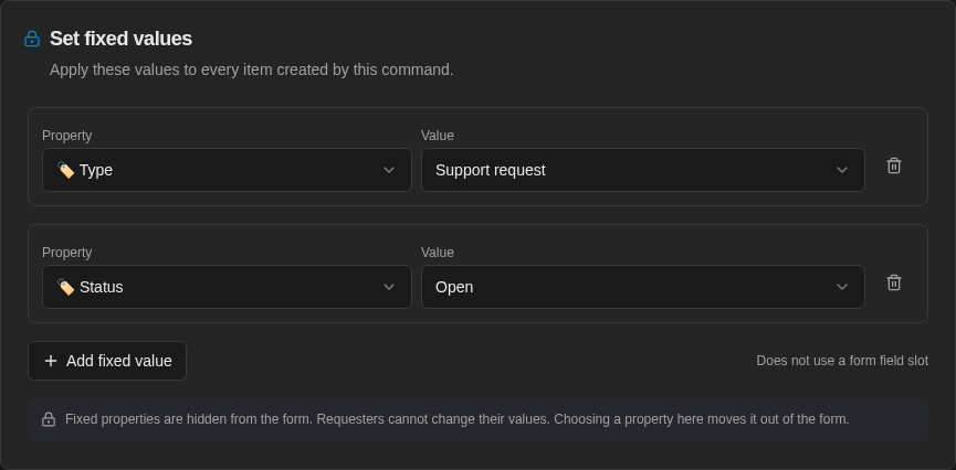 Support request command fixes Type to Support request and Status to Open