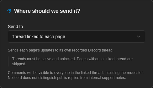 Notification rule routes updates to each page's linked Discord thread
