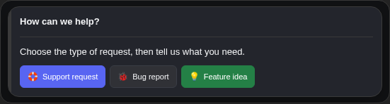 NotiCord panel preview with Support request, Bug report and Feature idea buttons