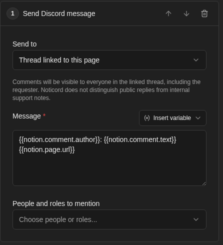 Send Discord message action uses the linked ticket thread and comment variables