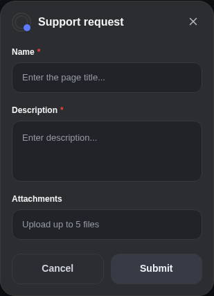 Support request modal preview includes Name, Description and optional Attachments
