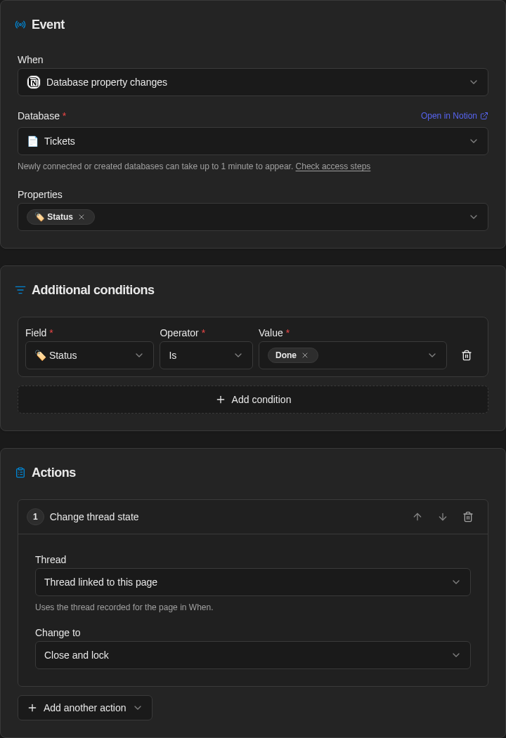 Resolve ticket Automation watches Status changes in Tickets, requires Status Done, then closes and locks the linked thread
