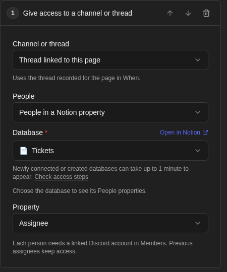 Give access action targets the linked thread and reads people from Tickets Assignee
