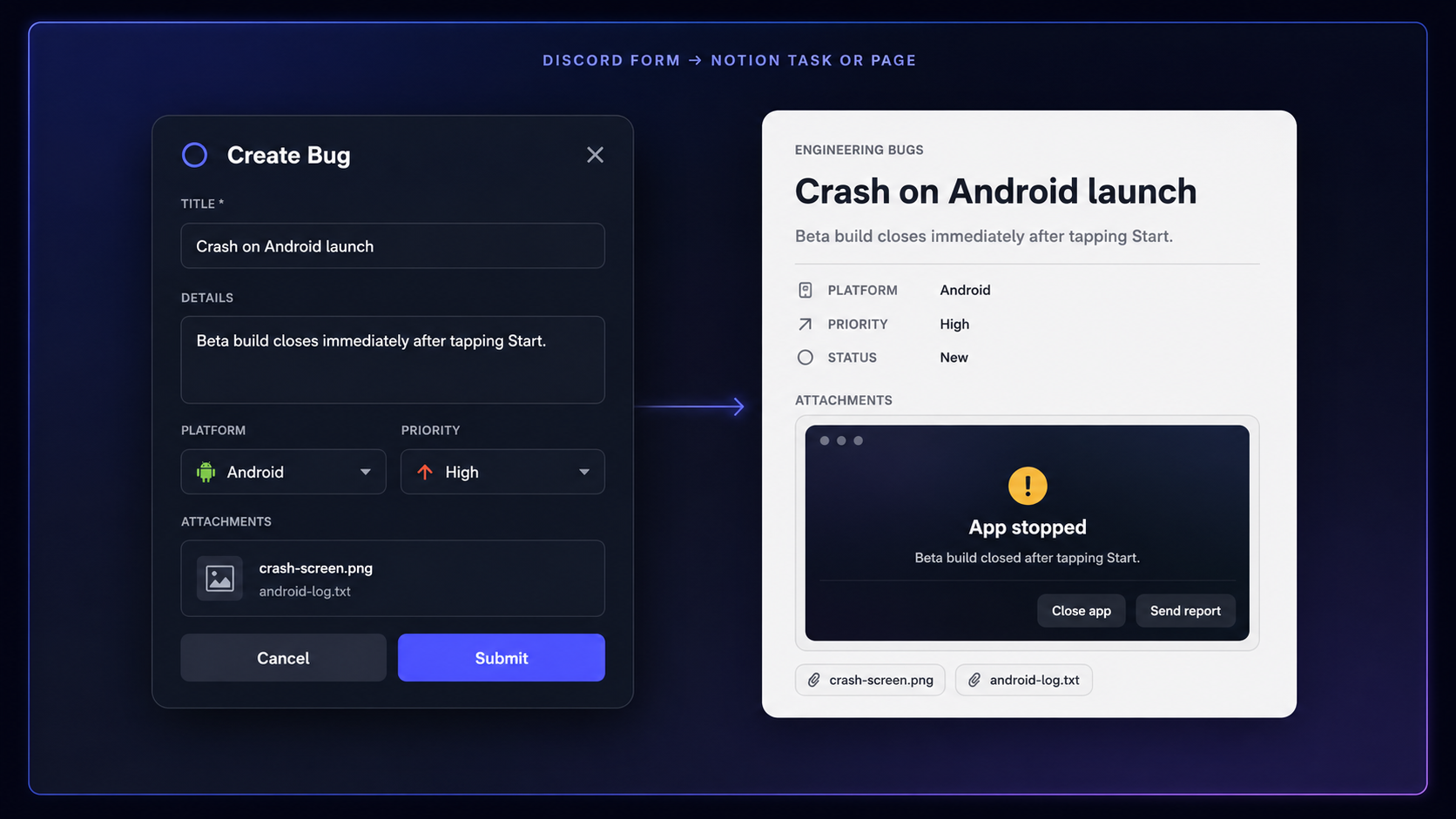 Discord create form becoming a Notion bug page with matching fields and attachments