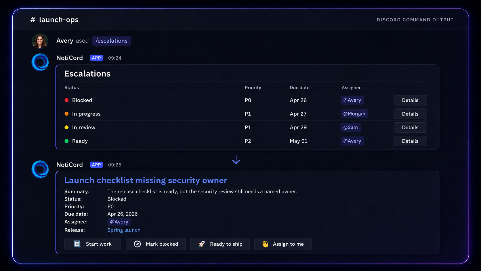 Discord page list command showing Notion rows and an opened Details card with actions