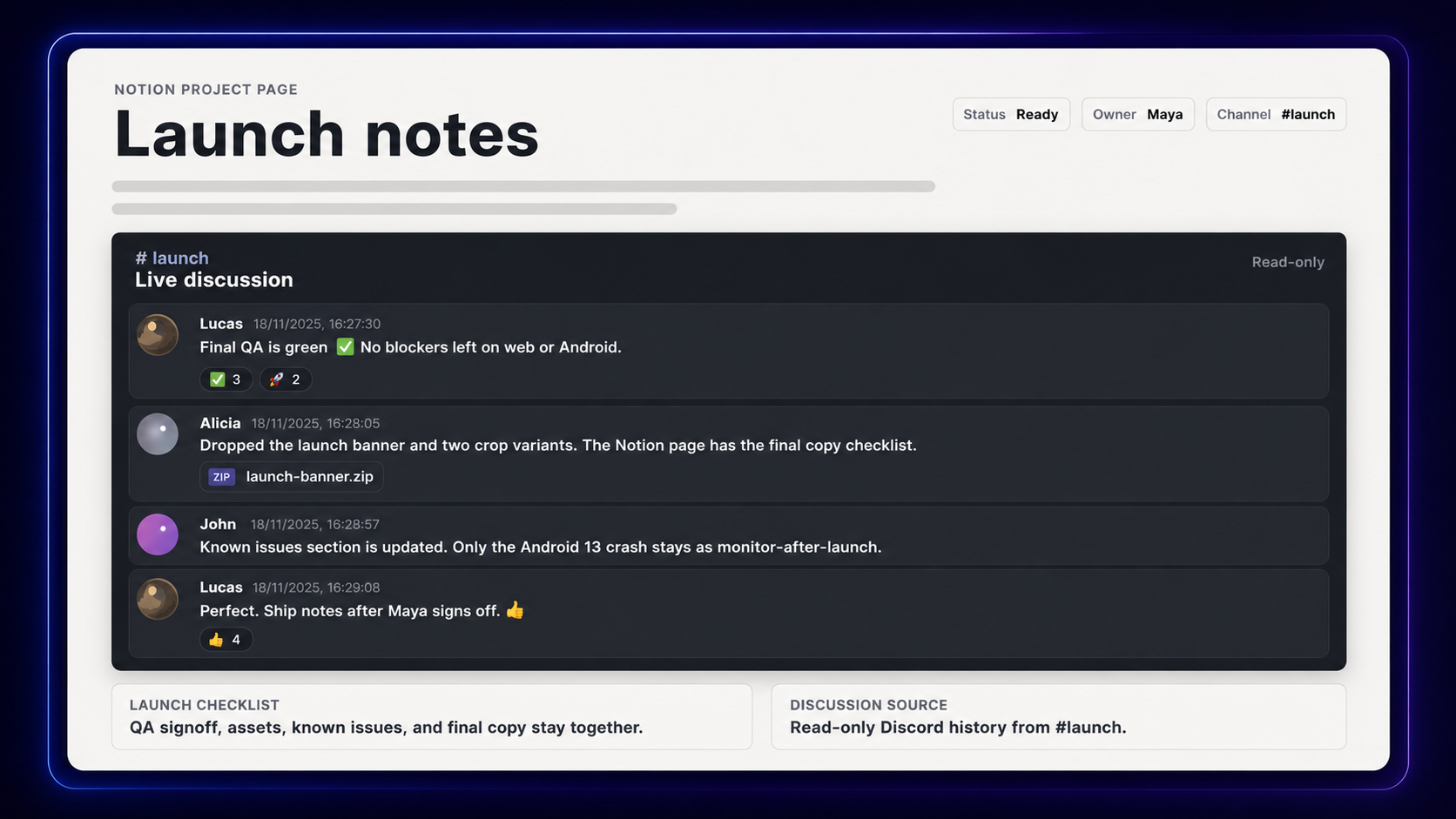 Notion project page with a read-only embedded Discord discussion beside the work